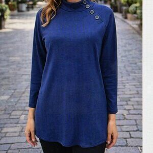 Chico's Cozisoft Blue Long Sleeve Top Mock Neck Pockets Size 2 Large